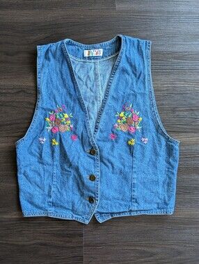 VTG 90's To Ladies Embroidered 100% Cotton Denim Vest Cottage Prairie Whimsy M